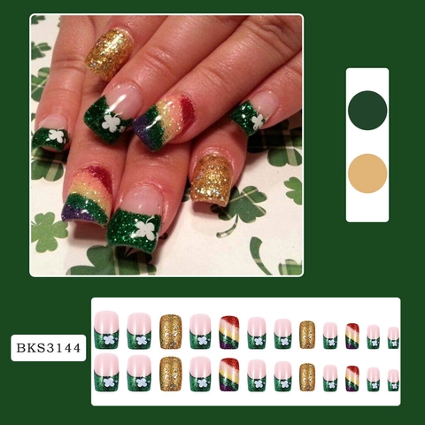 St Patricks Day Press On Nails Green Clover Shamrock French Tips Gold Glitter Rainbow False Nails Women Manicure