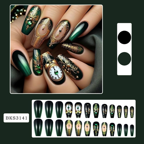 Uñas Postizas Ataúd Con Patrón Reloj Retro Relieve Dorado Verde Esmeralda Negro Diamantes Imitación
