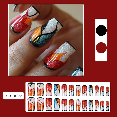 Long Square Press On Nails Contrast Color Glitter Abstract Artistic False Nails With Jelly Glue Nail File