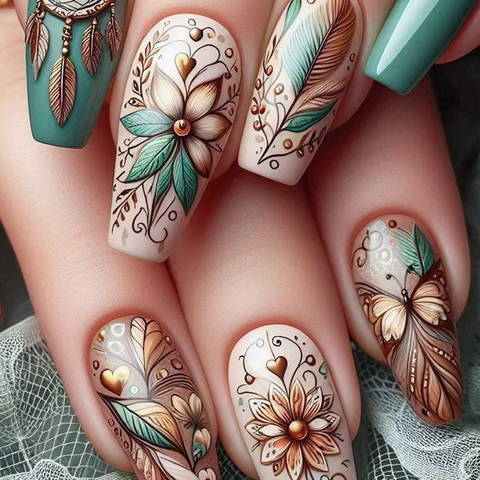 3D Relief Coffin Press On Nails Long Trapezoid Artificial Fake Nails Butterfly Flower Dreamcatcher Retro Style For Women