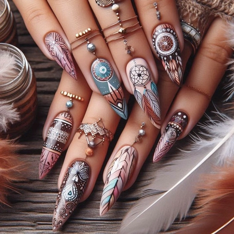 Bohemian Mandala Feather Dreamcatcher Αμύγδαλο Ψεύτικα Νύχια Με Κόλλα Jelly Και Λίμα