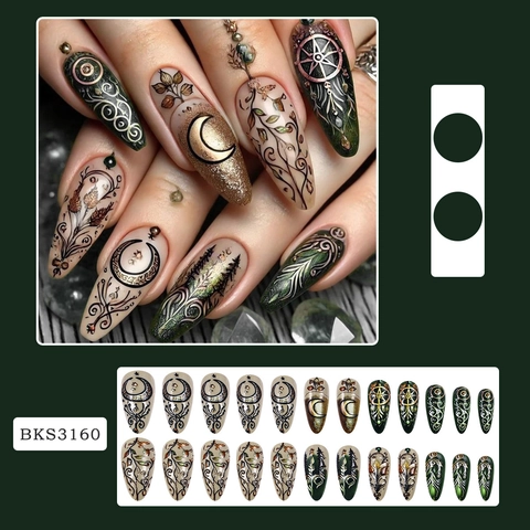 Press On Nails Moon Star Mandala Pattern Almond Shape Retro Mystery Forest Green Gold Fake Nails Gothic Style Manicure