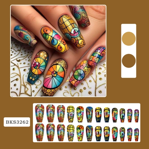 Colorful Stained Glass Art Press On Nails Coffin Shape Mandala Pattern Retro Aesthetic False Nail Tips Jelly Glue File