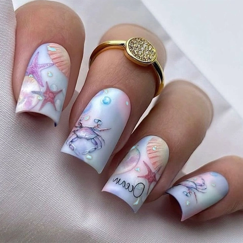 Ozean Thema Press On Nägel Muschel Seestern Relief Farbverlauf Blau Rosa Glänzend Künstliche Nägel Für Damen Sommer
