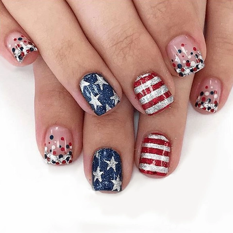 American Flag Press On Nails Independence Day Stars And Stripes Silver Glitter Short Square Plastic False Nails Women