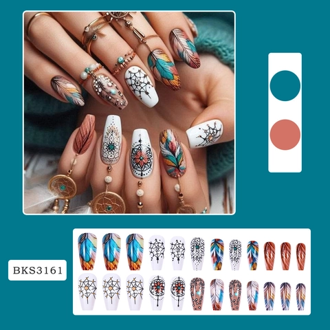 Press On Nails Long Almond Bohemian Ethnic Feather Dreamcatcher Mandala Pattern Artificial False Nails For Women Reusable