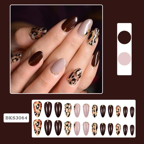 Burgundy Leopard Press On Nails Almond Shape Glossy Long Artificial Nails Elegant Nail Art With Jelly Glue And File