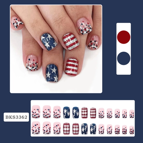 American Flag Press On Nails Independence Day Stars And Stripes Silver Glitter Short Square Plastic False Nails Women