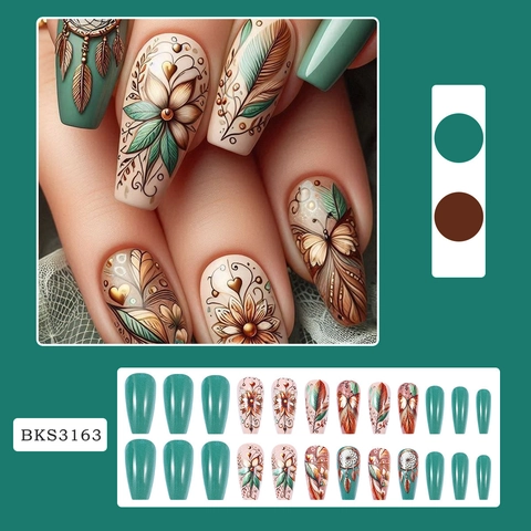 3D Relief Coffin Press On Nails Long Trapezoid Artificial Fake Nails Butterfly Flower Dreamcatcher Retro Style For Women