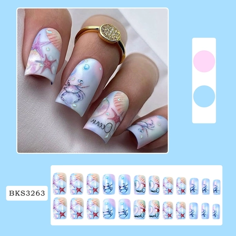 Ozean Thema Press On Nägel Muschel Seestern Relief Farbverlauf Blau Rosa Glänzend Künstliche Nägel Für Damen Sommer