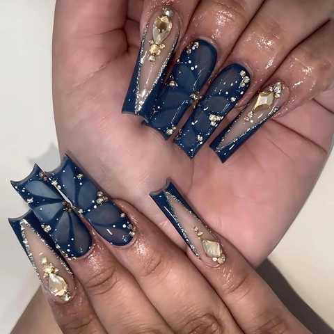 Faux Ongles Longue Forme Cercueil Bleu Marine Rose Français Papillon Strass Paillettes Fleur Design Ongles Artificiels