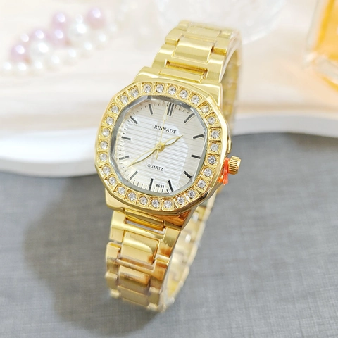Women Wrist Watch Octagonal Rhinestone Alloy Case Stainless Steel Band Fashion Quartz Elegant Luxury Decorative