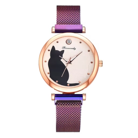 Fashion Women Quartz Watch Cat Silhouette Pattern Alloy Case Milanese Magnetic Mesh Metal Strap Rhinestone Decor Wristwatch