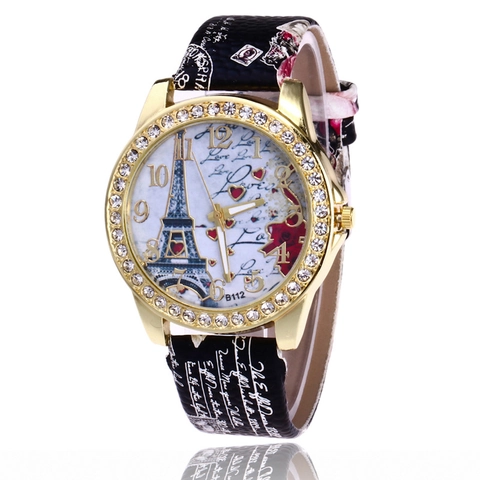 Damen Mode Quarzuhr Eiffelturm Herz Liebe Muster Goldenes Legierungsgehäuse Straß Lünette Bedrucktes Kunstlederarmband