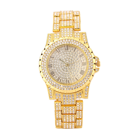 Iced Out Quartz Watch Alloy Full Rhinestones Roman Numerals Round Dial Luxury Hip Hop Fashion Unisex Timepiece