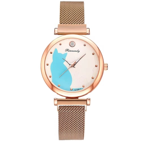 Fashion Women Quartz Watch Cat Silhouette Pattern Alloy Case Milanese Magnetic Mesh Metal Strap Rhinestone Decor Wristwatch