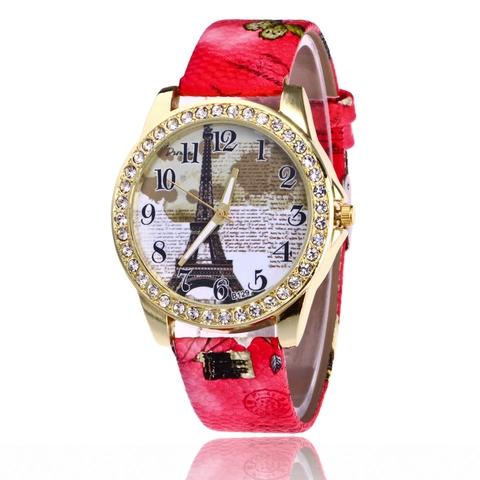 Montre Quartz Femme Imprimé Tour Eiffel Boîtier Alliage Lunette Strass Bracelet Cuir PU Mode Rétro Analogique