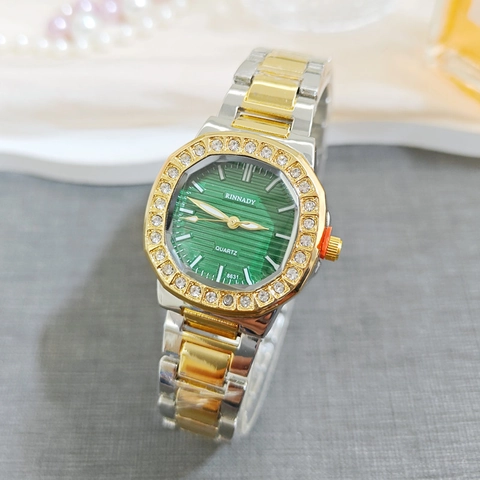 Women Wrist Watch Octagonal Rhinestone Alloy Case Stainless Steel Band Fashion Quartz Elegant Luxury Decorative