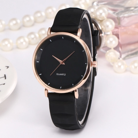 Minimalist Quartz Watch For Women Fashionable Ultra Thin Wristwatch With Textured Silicone Strap Round Metal Case