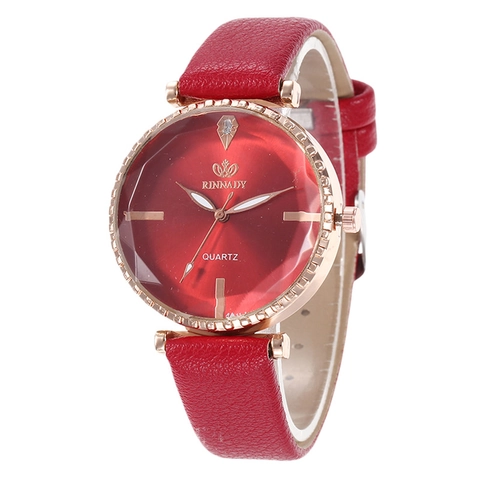 Women Quartz Watch Rhinestone Faceted Glass Mirror Round Alloy Case Faux Leather Strap Casual Fashion Ladies Wristwatch