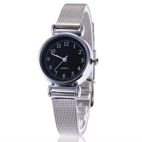 Women Quartz Watch Stainless Steel Mesh Strap Alloy Case Round Dial Minimalist Arabic Numerals Fashion Wristwatch