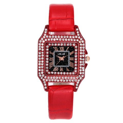 Women Square Quartz Watch With Rhinestone Alloy Case And Crocodile Pattern Faux Leather Strap Roman Numerals Starry Sky Dial