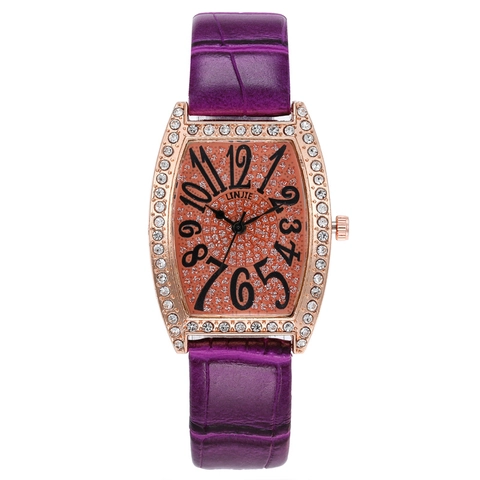 Women Quartz Watch Tonneau Case Rhinestone Bezel Crocodile Pattern PU Leather Strap Arabic Numerals Fashion Wristwatch