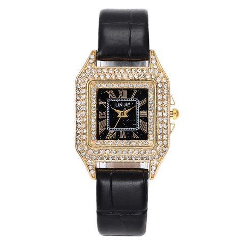 Women Square Quartz Watch With Rhinestone Alloy Case And Crocodile Pattern Faux Leather Strap Roman Numerals Starry Sky Dial