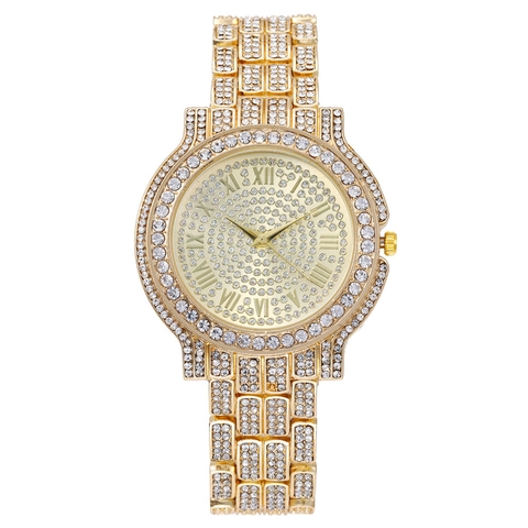Luxury Quartz Watch Full Rhinestone Iced Out Alloy Steel Strap Roman Numerals Fashion Wristwatch For Women Men