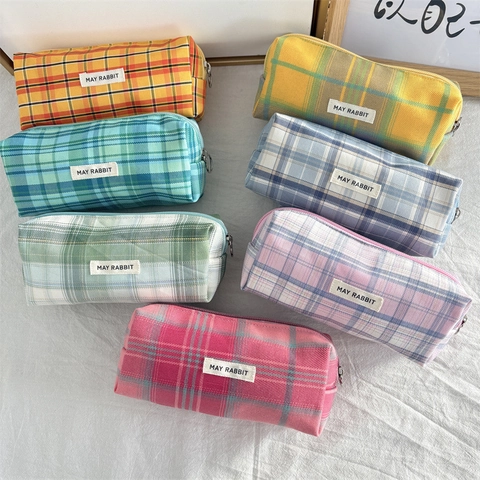 Checkered Plaid Pencil Case Large Capacity Polyester Stationery Pouch Students School Office Minimalist Gingham Zipper