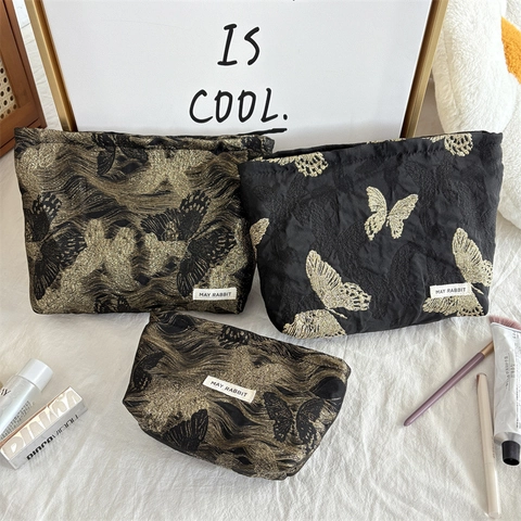 Makeup Bag Butterfly Jacquard Polyester Zipper Closure Travel Toiletry Organizer Pouch Elegant Black Gold Decorative