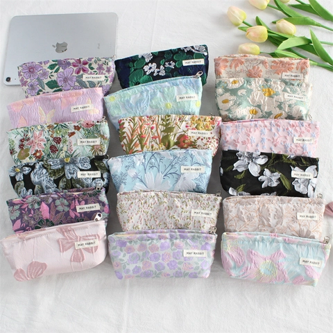 Floral Jacquard Cosmetic Bag Mini Portable Makeup Pouch With Zipper Closure For Women Travel Storage Fresh Style