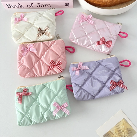 Mini Quilted Coin Purse Shiny Double Lattice Bows Lipstick Storage Bag Portable Makeup Pouch Korean Sweet For Women