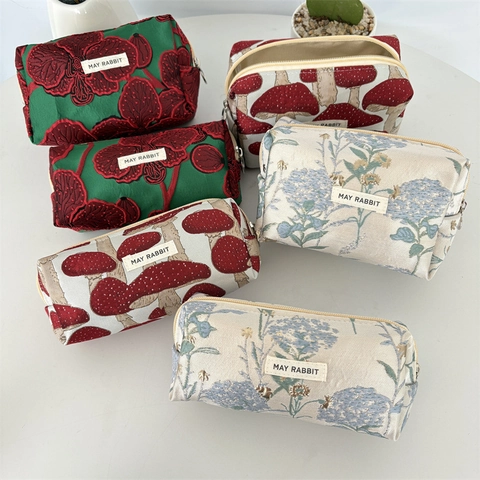Large Capacity Pencil Case Polyester Fabric Jacquard Floral Mushroom Print Zipper Stationery Pouch Bag