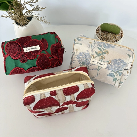 Large Capacity Pencil Case Polyester Fabric Jacquard Floral Mushroom Print Zipper Stationery Pouch Bag