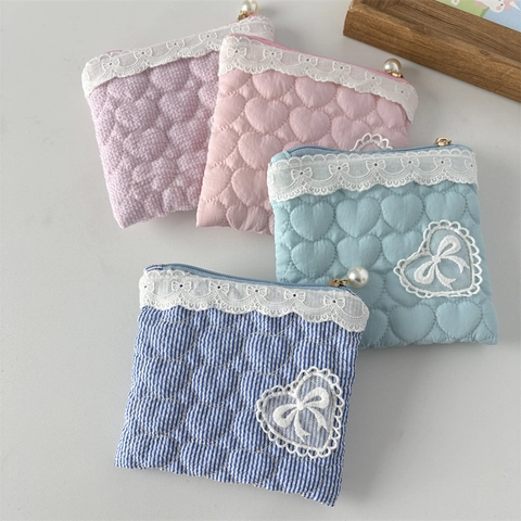 Cute Heart Quilted Polyester Coin Purse With Lace Trim Artificial Pearl Zipper Pull Small Makeup Storage Bag Bow Decor For Women