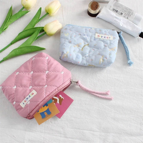 Mini Quilted Pouch Zipper Coin Purse Small Storage Bag Heart Pattern Polyester Portable For Keys Lipsticks Cute Style