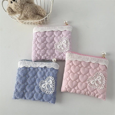 Cute Heart Quilted Polyester Coin Purse With Lace Trim Artificial Pearl Zipper Pull Small Makeup Storage Bag Bow Decor For Women