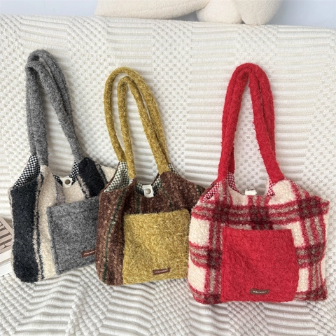Kunstfell Shopper Gestreift Kariert Patchwork Große Kapazität Schultertasche Winter Warm Weiche Plüsch Handtasche