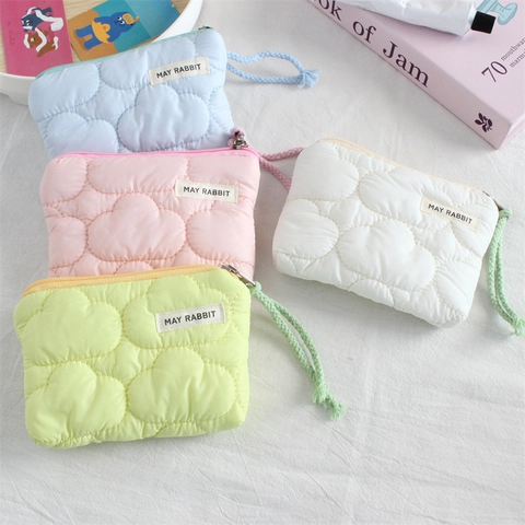 Quilted Coin Purse Mini Storage Bag Portable Cloth Zipper Pouch Lipstick Organizer With Wristlet For Women Solid Color