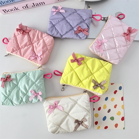 Mini Quilted Coin Purse Shiny Double Lattice Bows Lipstick Storage Bag Portable Makeup Pouch Korean Sweet For Women