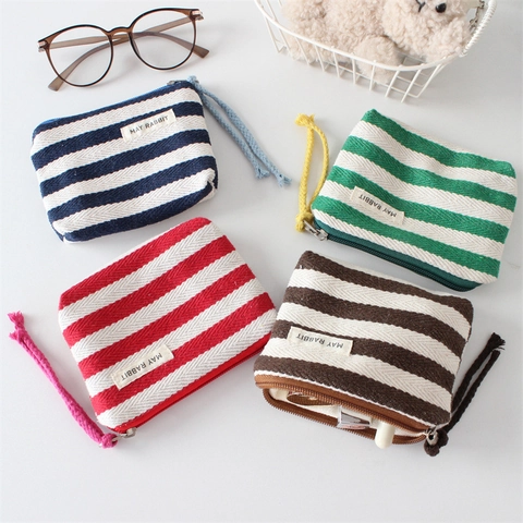 Striped Canvas Coin Purse Mini Zipper Storage Pouch With Braided Lanyard Minimalist Portable Handheld Wallet