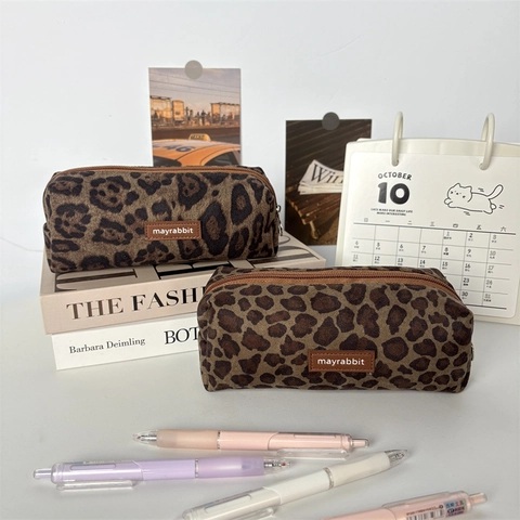 Astuccio Per Matite Con Stampa Leopardata Camoscio Tela Borsa Per Cancelleria Grande Capacità Cerniera Borsa Per Trucco Per Studenti
