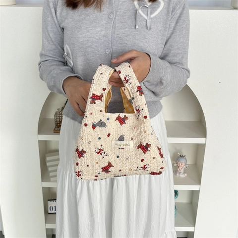 Süße Cartoon Print Gesteppte Handtasche Leichte Seersucker Tote Für Den Täglichen Weg Tragbare Lässige Tasche