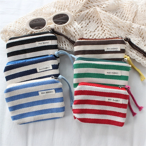 Striped Canvas Coin Purse Mini Zipper Storage Pouch With Braided Lanyard Minimalist Portable Handheld Wallet