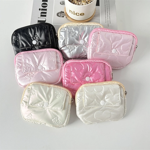 Quilted PU Leather Mini Coin Purse Shiny Metallic Bow Heart Design Portable Card Holder Pouch With Zipper