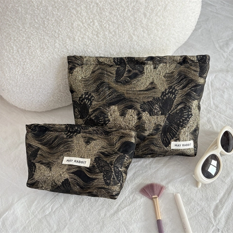 Makeup Bag Butterfly Jacquard Polyester Zipper Closure Travel Toiletry Organizer Pouch Elegant Black Gold Decorative