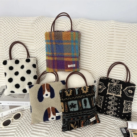 Borsa Tote In Peluche Retro Stampato Lana Di Agnello Con Manici In Pelle E Fodera In Tela Per Inverno Autunno Stile Coreano