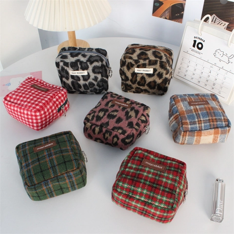 Mini Square Makeup Pouch Woolen Plaid Leopard Print Cosmetic Bag Zipper Portable Travel Organizer
