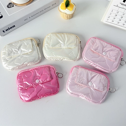 Quilted PU Leather Mini Coin Purse Shiny Metallic Bow Heart Design Portable Card Holder Pouch With Zipper